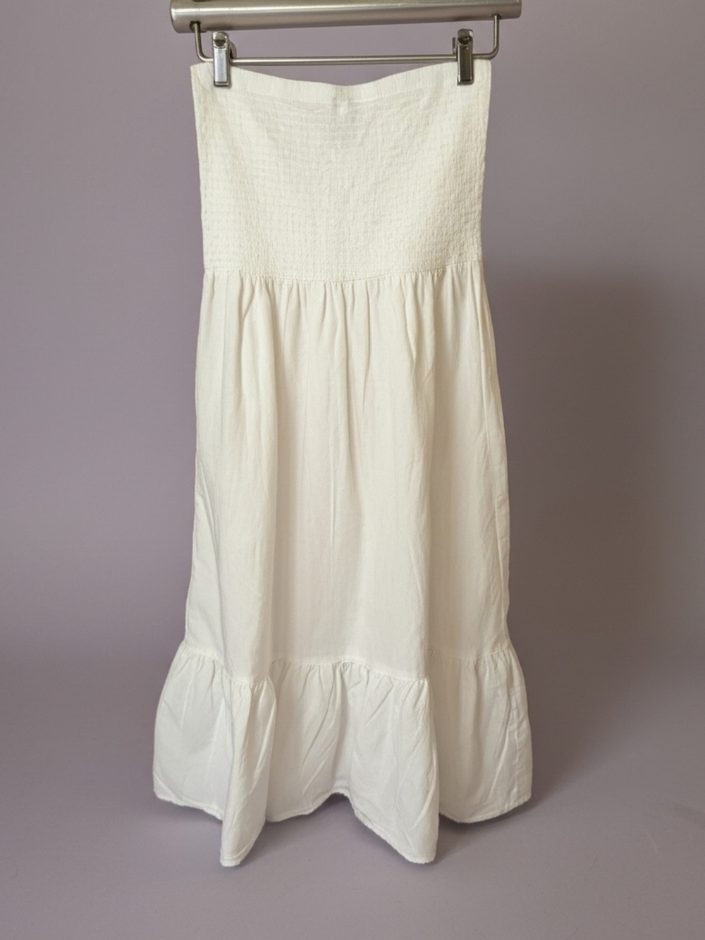 White Smocked Strapless Midi Dress Tiered Ruffle Hem Boho Summer Sundress Small - Picture 2 of 10